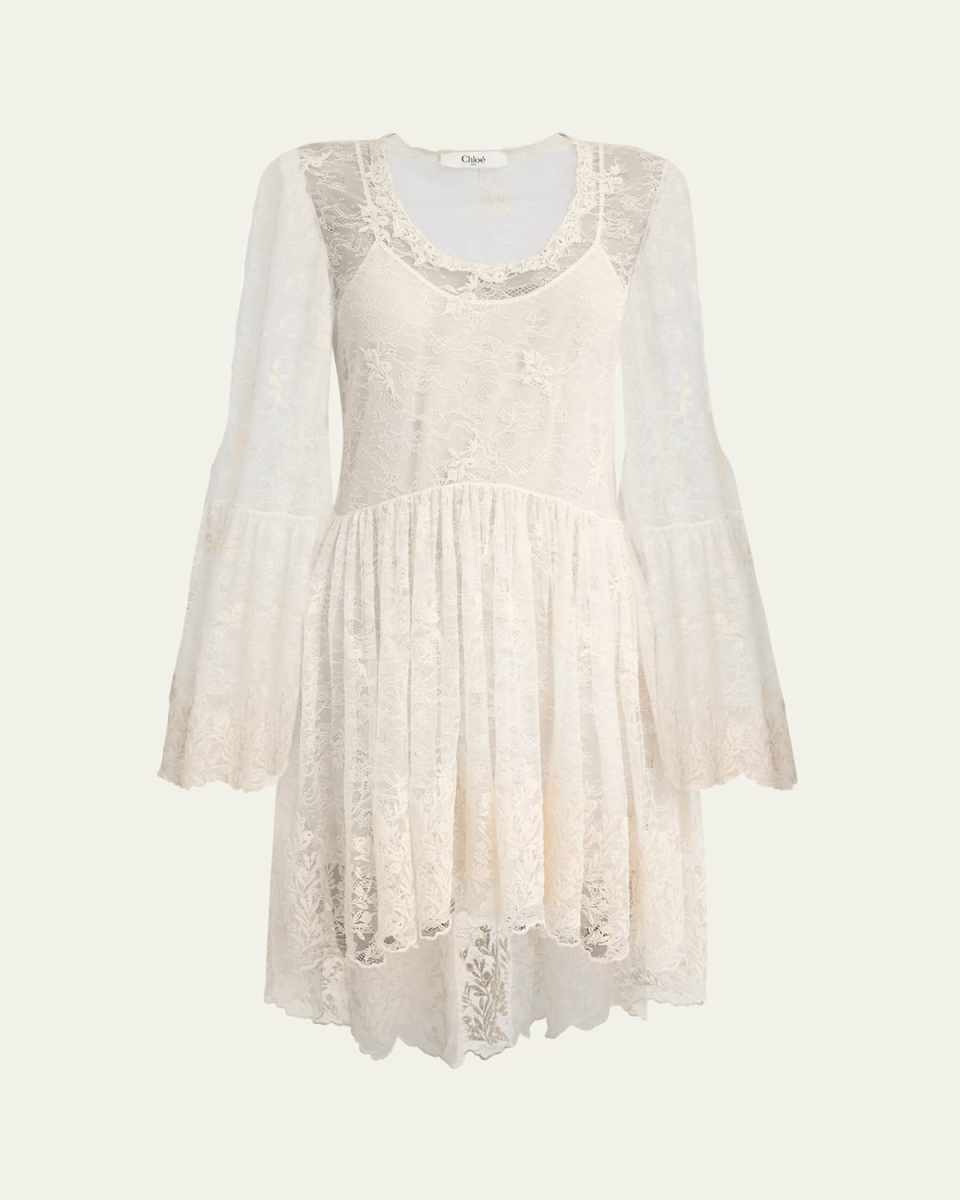 Lace U-Neck Long-Sleeve Mini Dress
